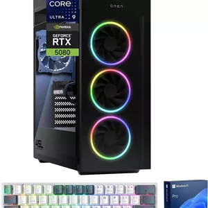 کامپیوتر گیمینگ HP Omen 45L RTX 5080 Pro، پردازنده Intel Ultra 9 285K، کارت گرافیک NVIDIA RTX 5080، رم 32 گیگابایتی DDR5، حافظه SSD 2 ترابایتی، نورپردازی RGB Light Studio، پورت DP، پورت RJ-45، Wi-Fi 6، همراه با کیبورد گیمینگ Machenike K500A-B61W