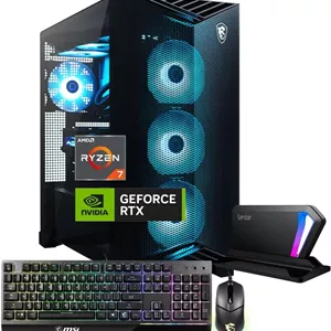 کامپیوتر گیمینگ MSI Aegis ZS2 RTX 5070، پردازنده AMD Ryzen 7 9700X (معادل Intel i9-14900F)، کارت گرافیک NVIDIA RTX 5070، خنک کننده مایع RGB، رم 64 گیگابایتی DDR5، حافظه SSD 2 ترابایتی، کیبورد با نور پس زمینه RGB، Wi-Fi 7، همراه با SSD قابل حمل Lexar SL660 512GB
