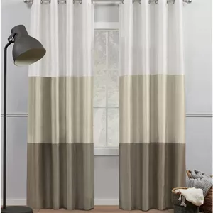 پرده های خانه منحصر به فرد Chateau راه راه ابریشم مصنوعی با حلقه های فلزی، دو تکه، 137x213 سانتی متر، سفید/ماسه ای