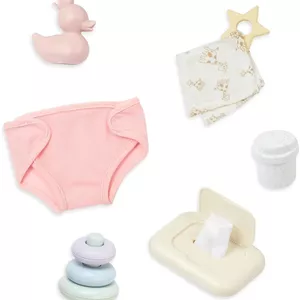 ست تعویض 9 تکه عروسک نوزاد LullaBaby - پوشک، دستمال مرطوب کودک و حلقه های چیدنی - لوازم جانبی عروسک نوزاد 14 اینچی - بازی خیالی - اسباب بازی برای کودکان 2 سال به بالا - ست بازی و مراقبت از عروسک نوزاد