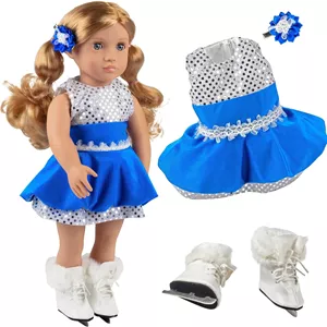 لباس اسکیت روی یخ Dress Along Dolly - لباس اسکیت باز آبی براق، اسکیت های یخی، گیره مو - لباس عروسک برای عروسک های 18 اینچی - ورزش های زمستانی