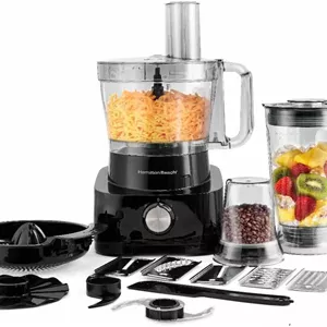 غذاساز همیلتون بیچ 1000 وات، کاسه 3.5 لیتری و 11 قطعه جانبی - مخلوط کن، آب مرکبات گیری، آسیاب، خردکن و موارد دیگر برای ورز دادن خمیر، امولسیون کردن، برش سیب زمینی سرخ کرده و رنده کردن، مدل FP1012-ME
