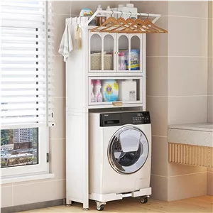 کابینت ذخیره سازی بالای ماشین لباسشویی، قفسه فلزی ذخیره سازی ماشین لباسشویی و خشک کن، قفسه 3 طبقه ایستاده ماشین لباسشویی برای حمام، بالکن، با کابینت درب دوتایی و میله آویز لباس