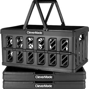 سبد خرید تاشو CleverMade، ابسیدین، 3 عددی - 24 لیتر (6 گالن) سبدهای خرید پلاستیکی قابل استفاده مجدد، هر سبد تا 25 پوند را تحمل می کند - جعبه های ذخیره سازی تاشو کوچک با دستگیره