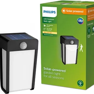 چراغ دیواری خورشیدی روکار Philips Lighting Shroud، 2.3 وات، 2700K، مشکی، شیشه شفاف، سنسور حرکتی، ضد آب و هوا IP44