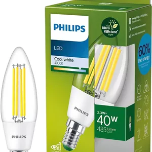 لامپ‌های فوق‌العاده کم مصرف Philips - منبع نور LED، 40 وات، B35، E14، شمعی سفید سرد 4000 کلوین، شفاف