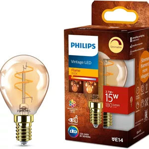 لامپ فیلامنتی ادیسونی فیلیپس مدل Vintage Amber Spiral B45، دیمرپذیر، بدون پرش، EyeComfort، 180 لومن، شعله ای (1800 کلوین)، 2.7 وات = 15 وات، سرپیچ E14، بسته 1 عددی