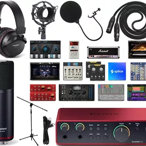 باندل کامل استودیویی کارت صدای USB Focusrite Scarlett 2i2 نسل چهارم به همراه نرم‌افزارهای خلاقانه اختصاصی، هدفون Scarlett، میکروفون کاندنسر به همراه کابل XLR و شاک مونت