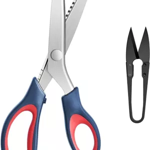 قیچی زیگزاگ KUONIIY، ست قیچی زیگزاگی، قیچی دندانه دار حرفه ای برای برش پارچه، مناسب برای خیاط، شامل قیچی زیگزاگ 9.4 اینچی، نخ چین 4.1 اینچی، آبی تیره قرمز