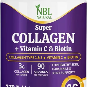 قرص کلاژن سوپر طبیعی NBL - 270 عدد - کلاژن نوع 1 و 3 با ویتامین C و بیوتین - 3 گرم در هر وعده - پشتیبانی از سلامت مو، پوست، ناخن و مفاصل - 90 وعده