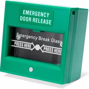 نقطه شکست شیشه ای رهاسازی اضطراری درب SecureMyDoor | نصب سطحی پلاستیکی سبز | لغو دستی دو قطبی برای کنترل دسترسی قفل های مغناطیسی | ایده آل برای ساختمان های تجاری و مسکونی