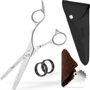 قیچی پیتاژ حرفه ای 17 سانتی متری با تیغه های فوق العاده تیز، قیچی پیتاژ فولاد 440C، بادوام، حرکت روان و برش ظریف، قیچی مو به همراه غلاف زیبا، چرم تمیز کننده و کلید