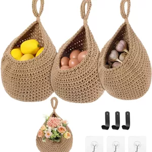 سبد آویز دیواری بوهو برای میوه آشپزخانه، بسته 3 عددی، نگهدارنده بافته شده محصولات با 6 عدد قلاب قوی، سبد آویز سبزیجات برای سازماندهی، قطره اشکی، مناسب برای نگهداری سیب زمینی و پیاز در خانه، جنس کتان