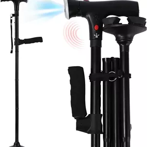 عصای پیاده روی ZIYIZE، عصای تاشو با چراغ LED و آلارم، عصای پیاده روی برای زنان، عصای قابل تنظیم مناسب برای افراد مسن، معلول و مبتلا به آرتروز، عصا با دسته T بالشتکی و چهار پایه چرخان