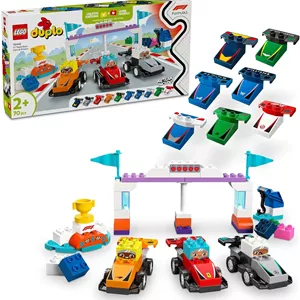اسباب بازی ساختنی تیم مسابقه اتومبیل رانی و رانندگان LEGO DUPLO Town F1 برای بازی تخیلی، هدیه تولد فرمول یک برای کودکان نوپا 2 سال به بالا، پسران و دختران، کمک به ایجاد مهارت های حرکتی ظریف 10445