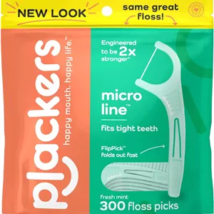 نخ دندان کمانی پلاکرز مدل Micro Line، دارای FlipPick تاشو، Tuffloss، نگهداری آسان با بسته بندی Sure-Zip، طعم نعناع تازه، 300 عدد