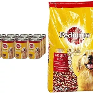 تکه های گوشت گاو در آب گوشت، غذای مرطوب سگ، کنسرو، 24 عدد 400 گرمیغذای خشک سگ با طعم گوشت گاو و سبزیجات (بزرگسال)، 10 کیلوگرم