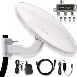 آنتن تلویزیون فضای باز ANTOP برای تلویزیون های متعدد، آنتن HDTV تقویت شده UFO برای پشت بام/اتاق زیر شیروانی/RV/دریایی 65 مایل، گیرندگی بسیار بالا با کابل کواکسیال 33 فوتی و اسپلیتر سیگنال برای 2 تلویزیون