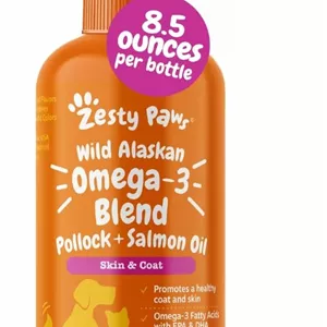 مخلوط روغن امگا 3 آلاسکایی Zesty Paws از روغن ماهی پولاکسالمون برای سگ ها و گربه ها - پشتیبانی از پوست و مو، مکمل امگا 3 برای حیوانات خانگی، 250 میلی لیتر