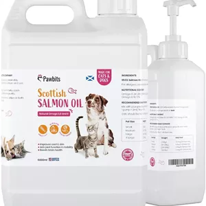 روغن سالمون اسکاتلندی 5 لیتری Pawbits برای گربه ها، سگ ها و حیوانات خانگی - امگا 3 6 9 طبیعی، پوشش سالم و سیستم ایمنی، ساخت بریتانیا، مناسب برای اسب ها و راسوها.