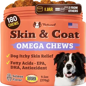مکمل پوست و مو سگ Natural Dog Company، جویدنی های روغن ماهی سالمون غنی از امگا 3 برای پوست سالم، ریزش موی طبیعی و حمایت از پوشش مو، با بیوتین و ویتامین E، بدون غلات (180 عدد)