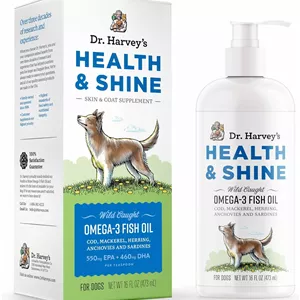 روغن ماهی امگا 3 Health & Shine دکتر هاروی برای سگ ها، تهیه شده از ماهی خال مخالی، شاه ماهی، ماهی کولی و ساردین صید شده در طبیعت - پشتیبانی از پوست زیبا، مفاصل قوی و تسکین آلرژی های خارش دار (473 میلی لیتر)