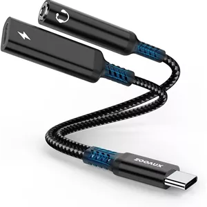 آداپتور USB-C به 3.5 میلی‌متری صدا و شارژر ZOOAUX، کابل تبدیل 2 در 1 Type-C به جک هدفون AUX با شارژ سریع PD 60W برای آیفون 16/15، گلکسی S25/S24/S23 Ultra، آیپد پرو، پیکسل (مشکی)