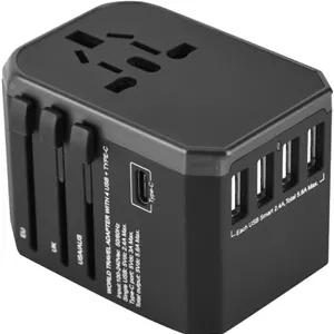 آداپتور جهانی Type-C، آداپتور مسافرتی جهانی قابل حمل با 4 پورت USB و سوکت های Type-C، مبدل برای آداپتور برق US/AU/UK/EU (مشکی)