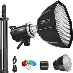 کیت فلاش استودیویی گودکس MS300V، فلاش استودیویی 300 وات، سیستم وایرلس 2.4G، زمان بازیافت 0.1 تا 1.8 ثانیه، مانت بوئنز، لامپ مدلینگ LED با سافت باکس نصب سریع QS65پایه نور