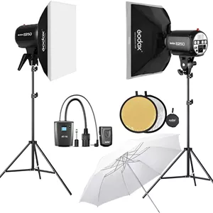 کیت نورپردازی استودیویی گودکس E250 به همراه سافت باکس، کیت نورهای استودیویی حرفه ای برای عکاسی، 2 عدد مونو لایت فشرده 250 وات 5600K±200 با فلاش تریگر، سافت باکس 50cm*70cm، پایه های نور 2 متری