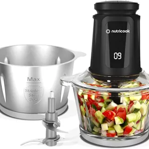خردکن و آسیاب شیشه ای و استیل نوتری کوک با ظرفیت 2 2 لیتر XXXL، 500 وات - دارای عملکرد پالس و 2 سرعت، 2 تیغه 4 پره استیل جداشدنی برای خرد کردن، خرد کردن یخ، چرخ کردن گوشت، آسیاب کردن، پوره کردن و موارد دیگر - مشکی، NC-CH2000