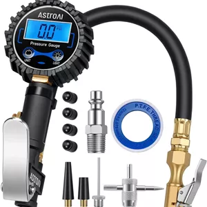 فشارسنج دیجیتال تایر AstroAI با قابلیت باد کردن (3-250 PSI با دقت نمایش 0.1)، دارای سری بادی سنگین و لوازم جانبی کمپرسور با شلنگ لاستیکی و اتصال سریع، آبی
