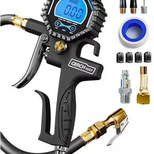 فشارسنج دیجیتال تایر با قابلیت باد کردن (3-200 PSI)، دارای سری بادی سنگین و متعلقات کمپرسور با سری بادی چرخشی، شلنگ بلندتر و صفحه نمایش بزرگ (0.1 Res)
