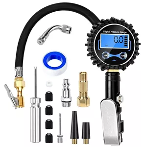فشارسنج دیجیتال باد لاستیک 200PSI، کیت کمپرسور هوا با LCD، شیلنگ لاستیکی مقاوم، اتصال سریع و شیر ضد نشت با چراغ LED اضطراری برای ماشین، دوچرخه، توپ و کامیون