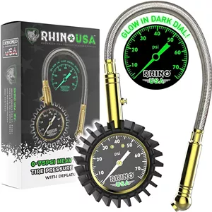 فشارسنج تایر سنگین RHINO USA (0-75 PSI) - دارای گواهی ANSI B40.1، صفحه نمایش بزرگ 2 اینچی با قابلیت خواندن آسان، شیلنگ بافته شده ممتاز، سخت افزار برنجی جامد، بهترین برای هر خودرو، کامیون، موتورسیکلت، RV