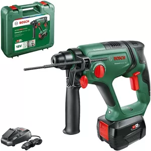 دریل چکشی شارژی بوش مدل UniversalHammer 18V (همراه با 1 باتری 4.0 آمپر ساعت، 18 ولت، سوراخکاری/قلم‌زنی، انرژی ضربه 2.0 ژول، ابزارگیر SDS Plus، در جعبه)، سبز