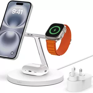 استند شارژ بی‌سیم 3 در 1 بلکین MagSafe، شارژر بی‌سیم سریع 15 واتی آیفون و اپل واچ، استند شارژ ایرپاد برای سری آیفون 16، 15، 14، 13، 12، اپل واچ 10/9/8، SE، Ultra - سفید