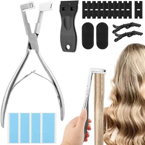 انبر اکستنشن چسبی، ابزار کیت اکستنشن چسبی، ابزار خراش دهنده حذف چسب، گیره مو با چسب اکستنشن مو، انبر اکستنشن مو با سطح صاف، ابزار حالت دهی اکستنشن مو (نقره ای)