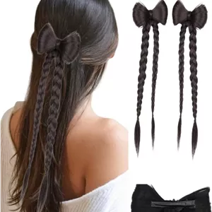 اکستنشن مو بافت مصنوعی MISS LIRENN® با طراحی پاپیون گیره ای ضد زنگ، 2 عدد، قهوه ای، مدل دم اسبی تابیده