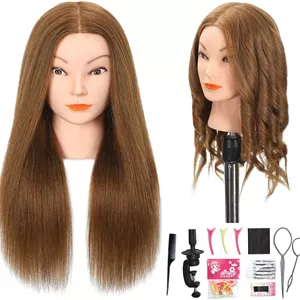 کله مانکن اوپینی با موی 100% طبیعی انسان برای تمرین آرایشگری - مدل مو با پایه و ابزار (قهوه ای روشن)