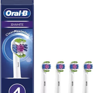 یدک مسواک برقی اورال-بی 3D White با فناوری CleanMaximiser، برس های زاویه دار برای حذف عمیق تر پلاک، بسته 4 عددی، سفید 