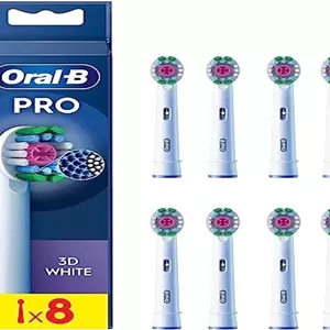 یدک مسواک برقی اورال-بی Pro 3D White، دارای الیاف X شکل و کاپ پولیش منحصربه‌فرد برای سفید کردن دندان‌ها و از بین بردن لکه‌های سطحی، بسته 8 عددی، سفید 