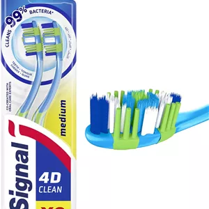 مسواک مدیوم سیگنال 4D، تمیز کننده، از بین برنده 99% باکتری ها، تمیز کنندگی تا 3.5 برابر بیشتر، دسته راحت ضد لغزش، 2 عدد در بسته 
