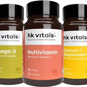 مکمل روغن ماهی امگا 3 HealthKart HK Vitals، 1000 میلی گرم امگا 3 با 180 میلی گرم EPA و 120 میلی گرم DHA، مولتی ویتامین با مواد معدنی، کلسیم، منیزیم و روی به همراه ویتامین D3، 60 قرص (بسته ترکیبی)