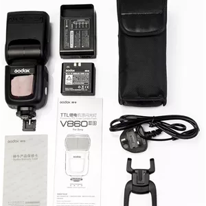 کیت فلاش دوربین باتری خور لیتیومی گودکس VING 2.4G V860IIS با عدد راهنمای GN60 TTL HSS 1/8000s مناسب دوربین های DSLR سونی (زمان بازیافت 1.5 ثانیه، 650 پاپ با قدرت کامل، پشتیبانی از TTL/M/Multi/S1/S2) مشکی