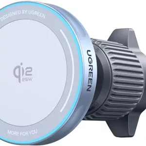 شارژر بی‌سیم خودرو UGREEN 2025 Qi2 25W Magsafe با گیره دریچه هوا مغناطیسی قوی و چرخش 360 درجه و نشانگر LED مناسب برای سری آیفون 17 پرو مکس، 16، 15، 14، 13، 12