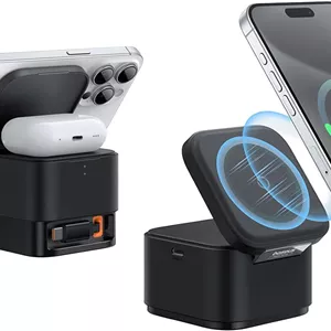 شارژر بی‌سیم مغناطیسی 2 در 1 15 واتی Baseus MagPro و نگهدارنده تلفن Magsafe با کابل USB-C 100 واتی، برای آیفون 16 پرو مکس، ایرپادز پرو 3/2