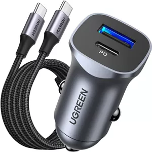 شارژر فندکی خودرو UGREEN با شارژ سریع PD30W، دو پورت USB C، آداپتور شارژ سریع گوشی برای آیفون 17 پرو، به همراه کابل USB C بافته شده 1 متری برای آیفون 17، گلکسی S24، هواوی، آیپد پرو، شیائومی و غیره