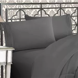 ست ملحفه 4 تکه بسیار نرم و مجلل با کیفیت مصری، مقاوم در برابر چروک و رنگ پریدگی، با الیاف 1500، دارای جیب های عمیق، سایز کوئین، خاکستری