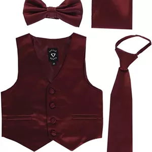 جلیقه پسرانه Little Gents مناسب تاکسیدو به همراه کراوات زیپی، پاپیون و دستمال جیبی - ست 4 تکه رسمی ساتن 738